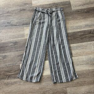 Happily Grey Linen Blend Striped Wide Leg Pants XL Paperbag Waist Belted Casual